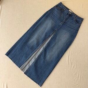 Almost Famous Womens Denim Maxi Skirt Blue High Rise Front Slit Frayed Hem Small